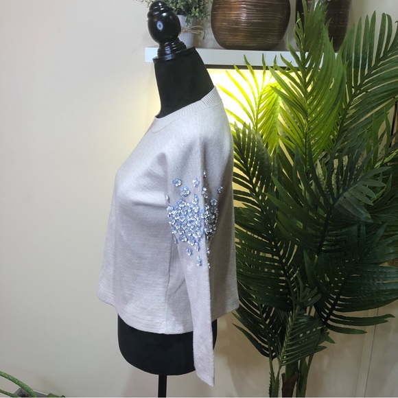 J. Crew Wool Floral Sequin Embellished 3/4 Sleeves Oatmeal Crewneck Sweater XXS - Picture 4 of 9